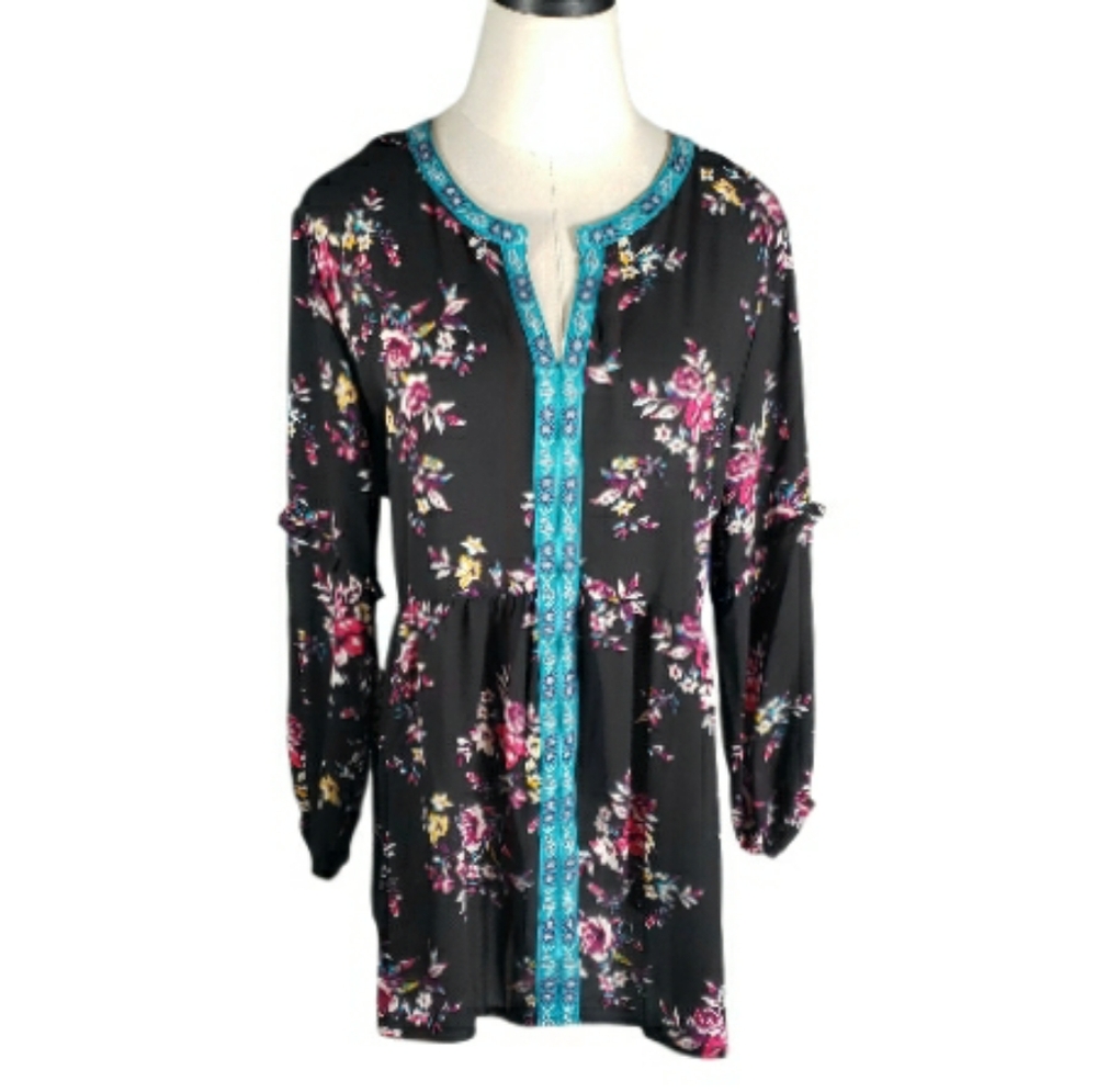 Pioneer Woman Floral Babydoll Top Tourquois Trim Boho Prarie Farm Cabin Cottage